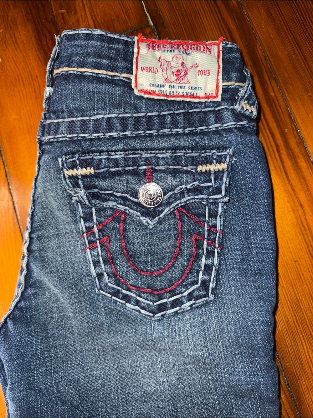 True Religion Girls Dark Blue Distressed Denim Jeans with Purple Stitching Sz 12